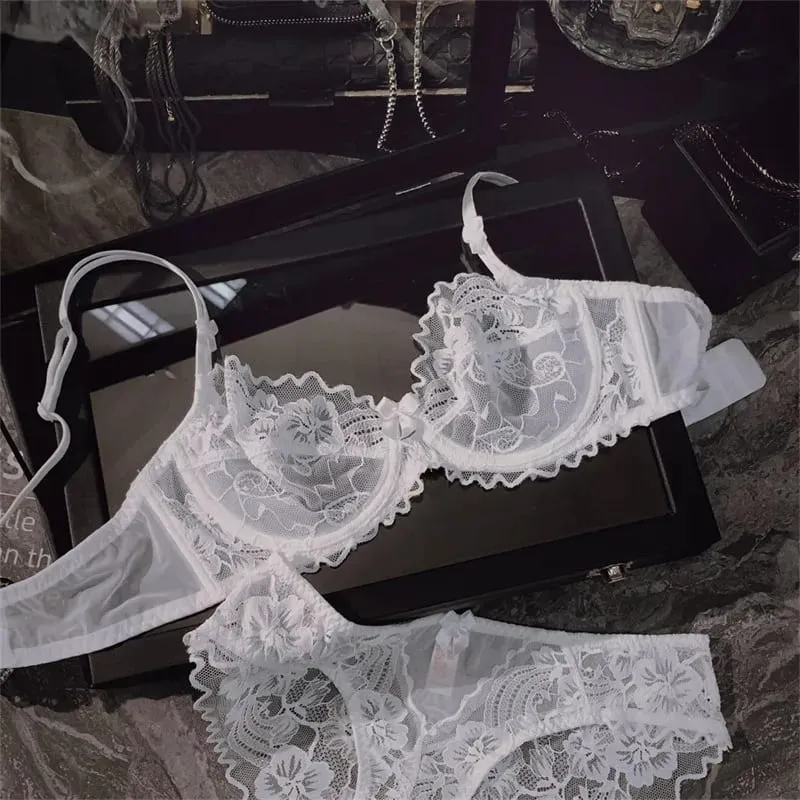 Chic French Ultra-thin Lace Lingerie Set Large Breasts See-through Underwire Bra small Bust Lift Elegant Soft Feminine Set S-xl — image 11