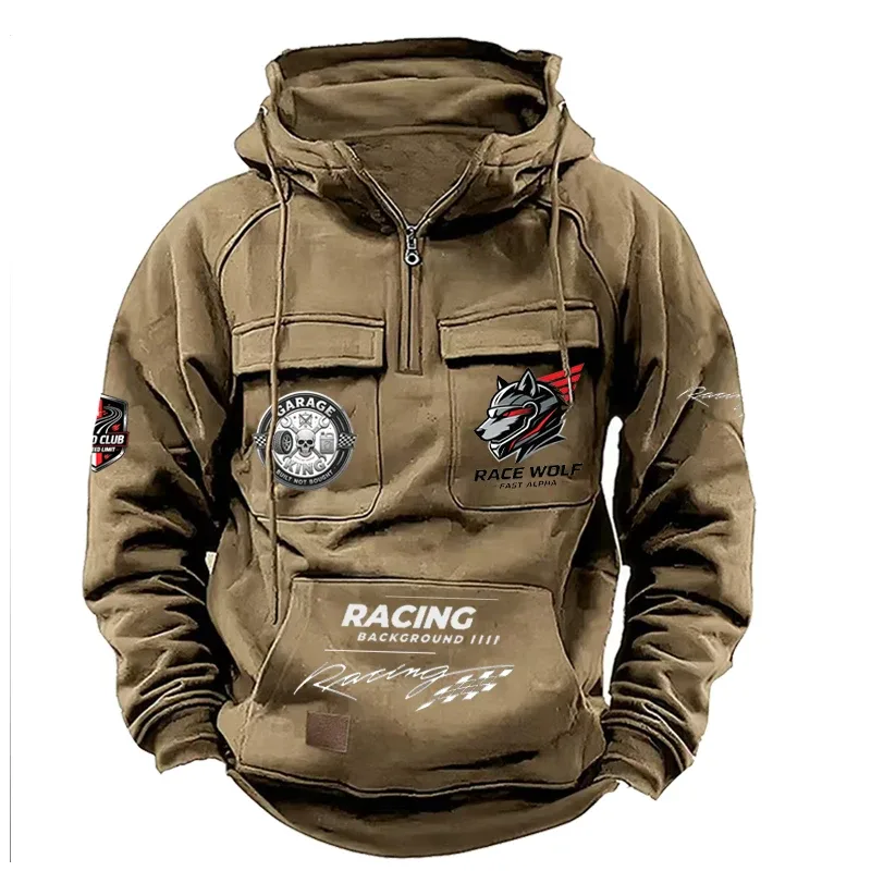 Men's Racing Suit With Large Pockets And Hooded Pullover. Men's Multi-pocket Outdoor Camping Hiking Sports Casual Jacket. — image 4