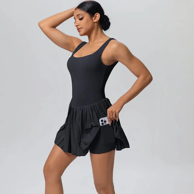 New Lifting Sports Jumpsuit Tennis Skirt With Pockets Yoga Womens Dresses Breathable Naked Feel Backless Female Sportswear — image 8