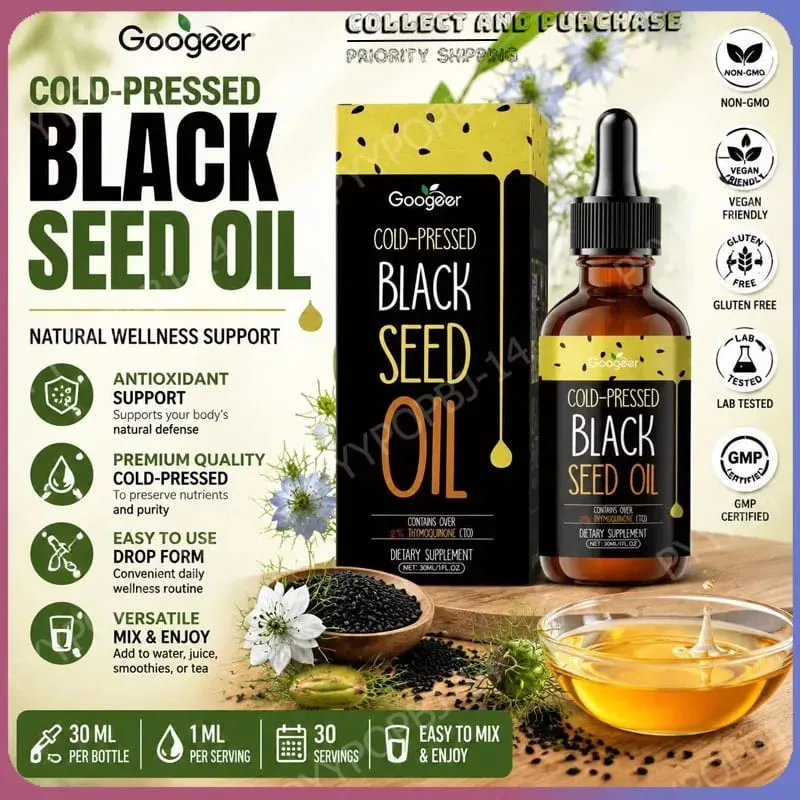 Googeer 30ML Cold-Pressed Black Seed Oil Nigella Sativa High Thymoquinone Content over 2% Antioxidant Health Support Supplement