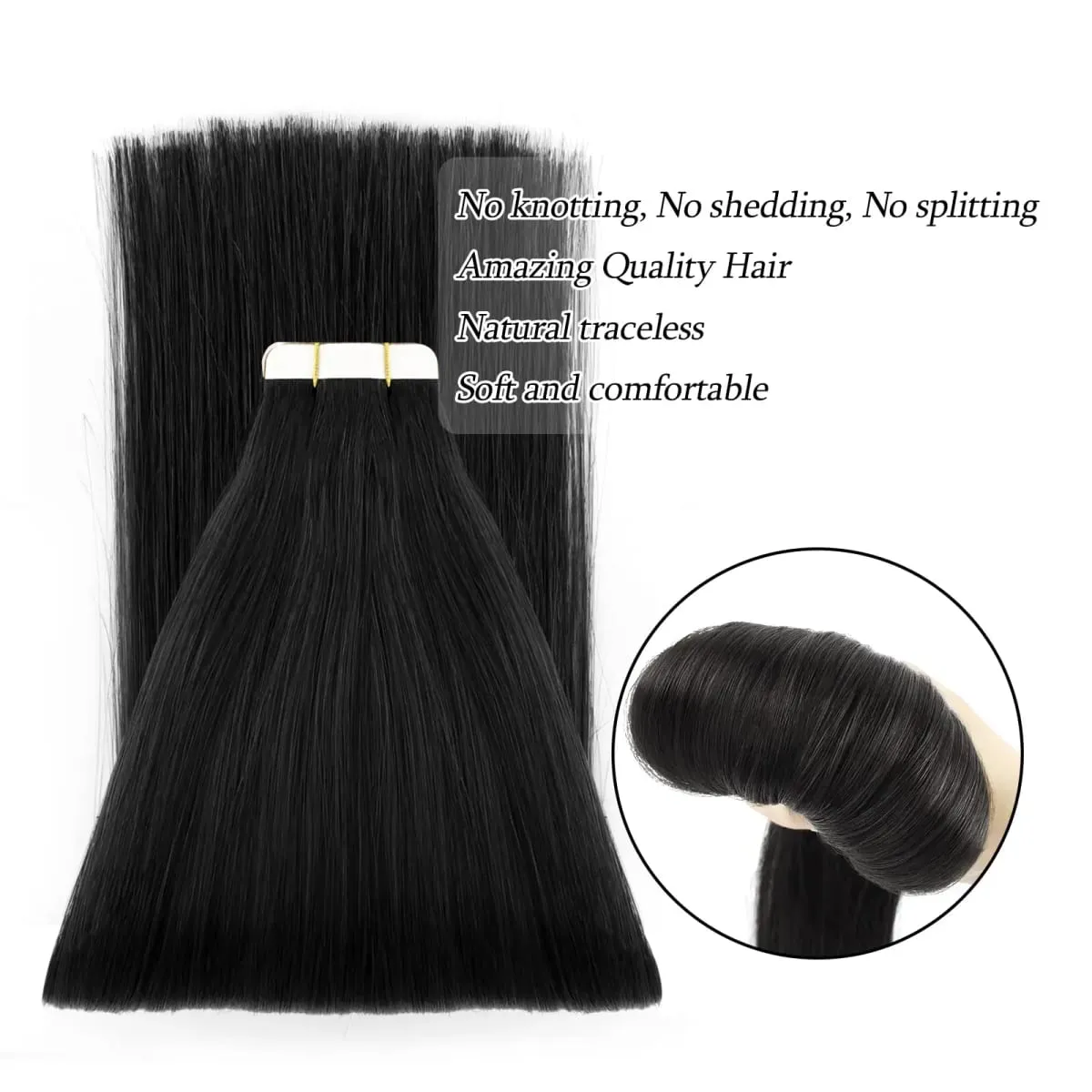 Straight Tape in Hair Extensions Human Hair Natural Black #1B Remy Tape in Human Hair Extensions for Women Double Sided Seamless Thick End Silky Straight 20pcs 50 Gram 26 Inch — image 2