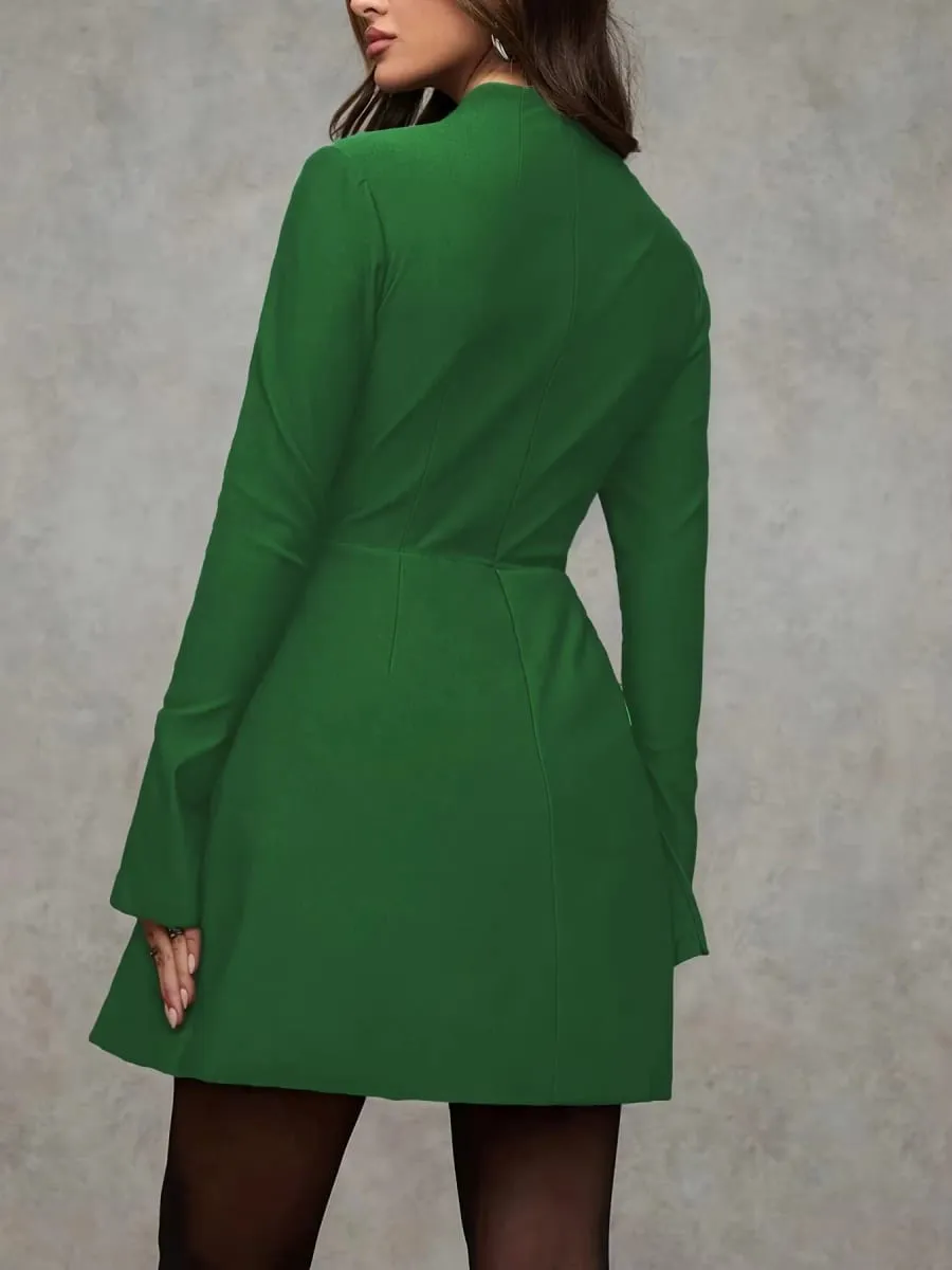 2026 Women Solid Mock Neck Split Flare Long Sleeve Mini Dress Pocket Design A‑Line Elegant Work Party Short Dress — image 3