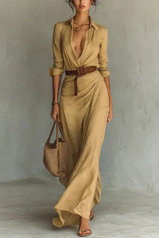 Pakaian Pesta Percutian Pepejal Fesyen Wanita Butang Lapel Elegan Berbalut Pakaian Panjang Kasual Padanan Lengan Panjang Dengan Pakaian Baju Tali Pinggang