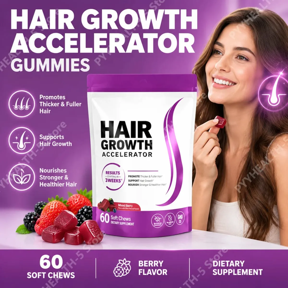 Biotin Hair Growth Soft Chews Supplement Support Fuller Thicker Hair Vitamin C & E for Healthy Hair Nourishment 60 Gummy — image 1