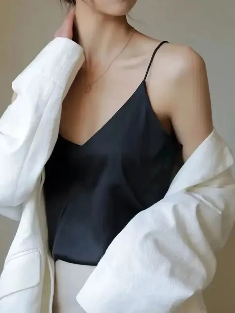 Women Halter V Neck Basic White Cami Spaghetti Strap Top Sleeveless Satin Silk 2026 Tank Tops Women'S Summer Camisole — image 5