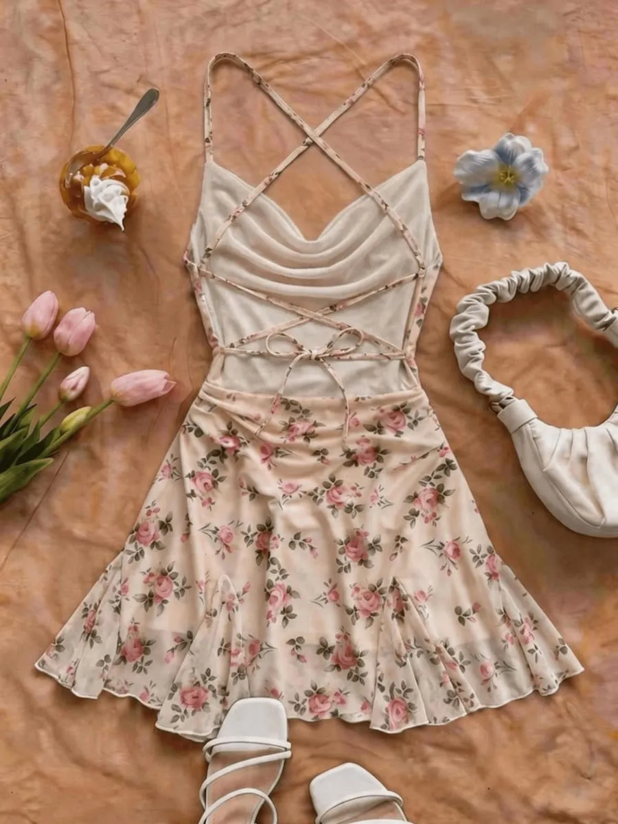 Elegant Floral Print Mini Dress for Women Summer Spring Vacation Beach Style Off-Shoulder Strap Gown Stylish And Sophisticated