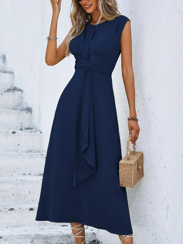 Women's Solid Color A-Line Dress Sleeveless Front Thin Straps Elegant Belted Midi Dress for Summer — image 8