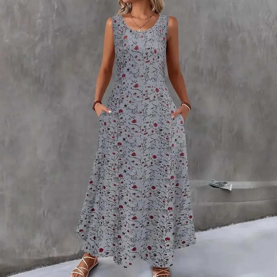 Women Summer Casual Sleeveless Floral Print Maxi Dress O Neck A-Line Long Dress With Pockets Loose Vestidos Beach Sundress — image 3