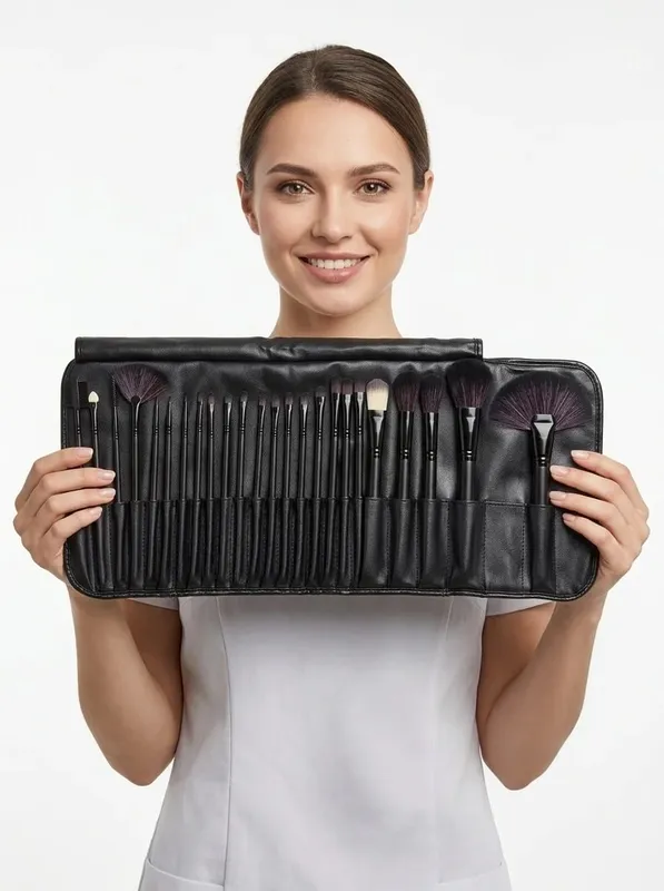 32Pcs Professional Makeup Brush Set Wooden Handle Cosmetic Brushes Foundation Eyeshadow Blush Brush with PU Storage Bag