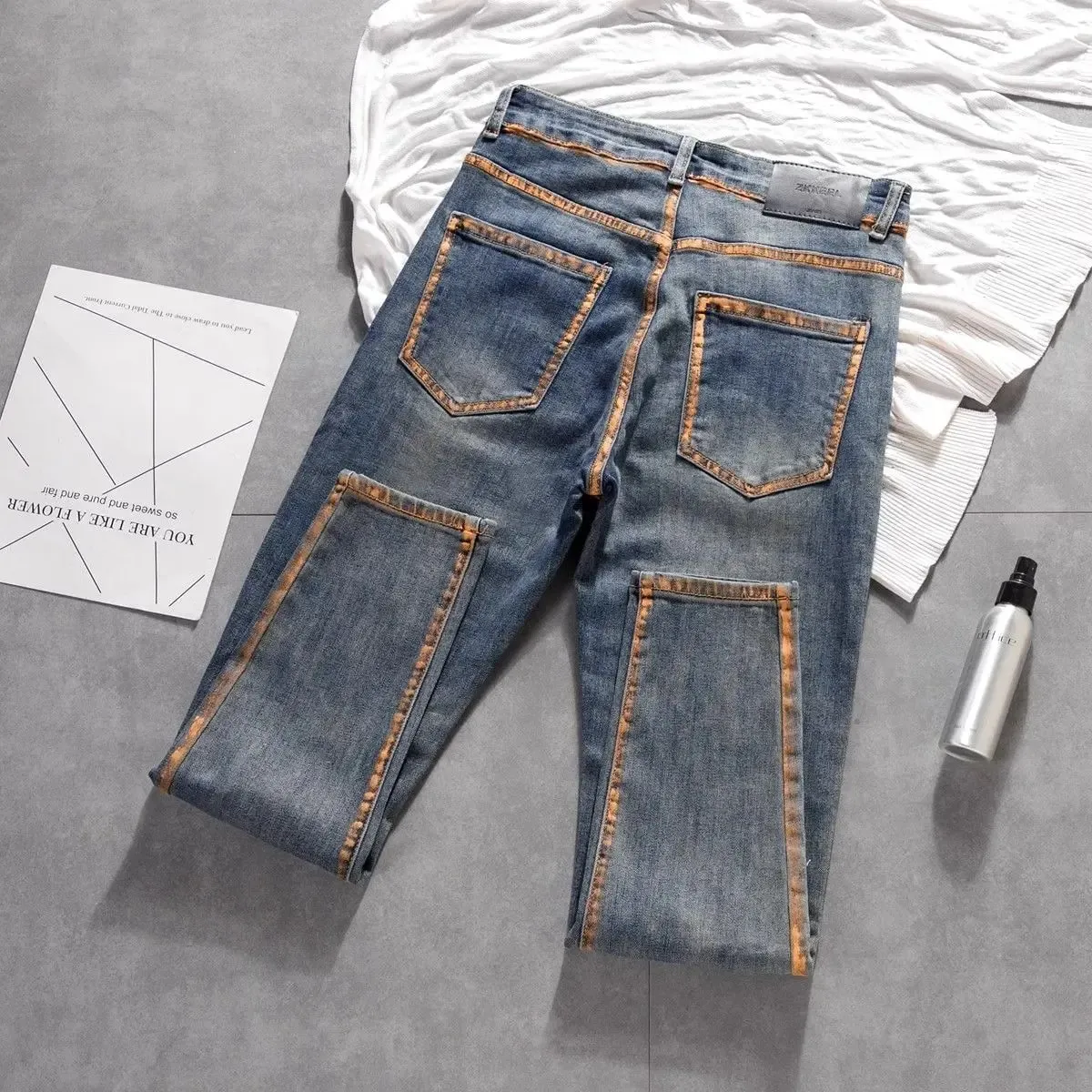 New Trousers Design Small Feet Elastic Slim Jeans High-end Casual Pants New Korean Work Original Paint Printing Trousers Man — image 2