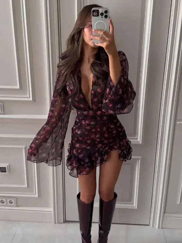 Sexy Flora Painted Ruffle Slim Dress Women Full Sleeves Deep V-neck A-line Short Dresses 2026 Lady Chic Night Club Street Gown
