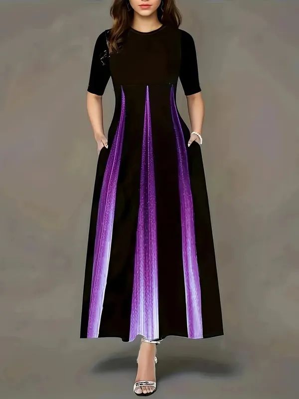 Summer new gradient vertical print dress with round neck loose sleeves slimming temperament long skirt