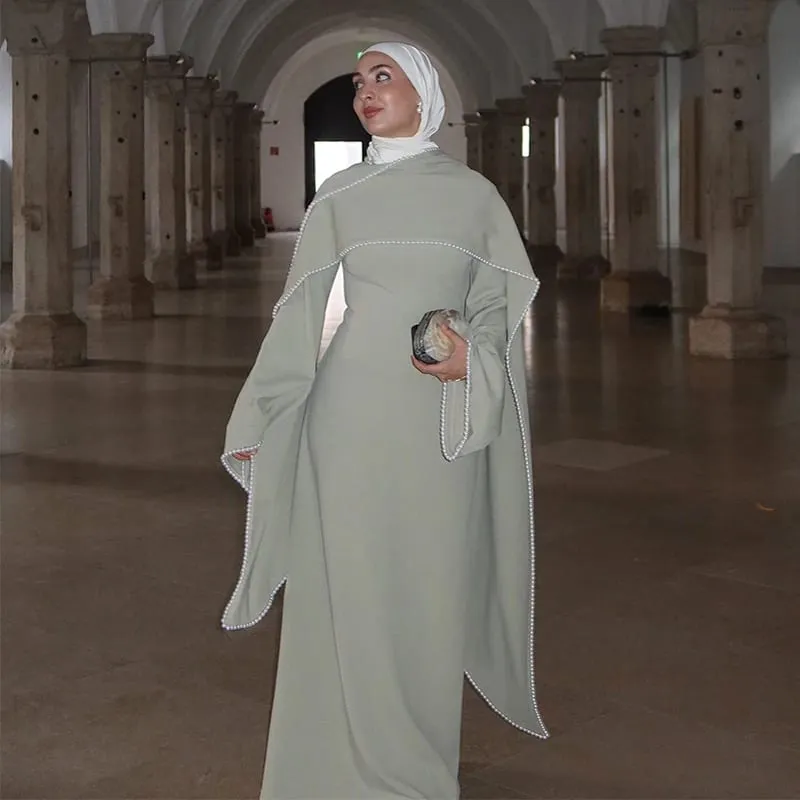 White Pearl Trim Cape Maxi Dress Women Elegant Long Sleeve Cinched Waist Muslim Robes 2026 Spring EID Abaya Lady Dresses — image 2