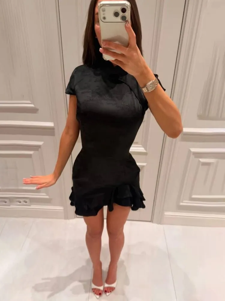 White Satin Patchwork Lace Trim Dress Women's Stand Collar Short Sleeve Ruffle Draped Sexy Dresses 2026 Lady Date Vestidos — image 3