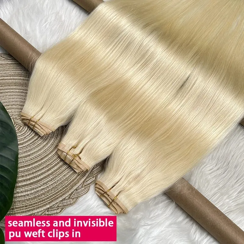 Straight #613 Blonde Color Invisible Clip in Hair Extensions PU Seamless Double Weft Clip Ins 100% Raw Virgin Human Hair 100g — image 4