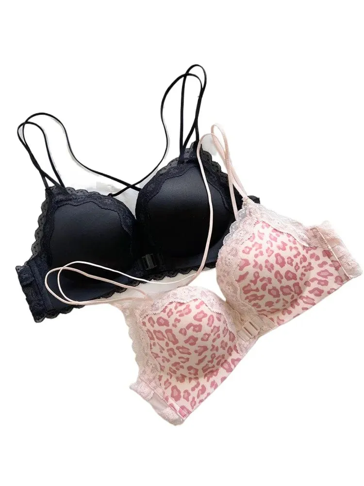 Pink Leopard Front Closure Bra Set Victoria Style Wireless Bra Push Up Enhance Bust 매력적인 Back Design for Small Bust Women — image 3