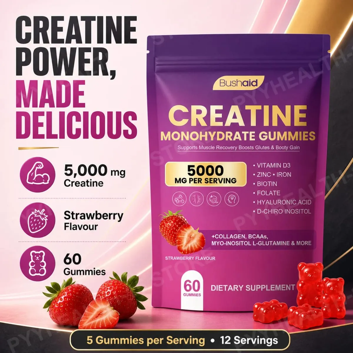BushAid Creatine Monohydrate Gummies pro regeneraci svalů po tréninku s multi-kolagenovou směsí BCAA a Zinc 60 Gummies