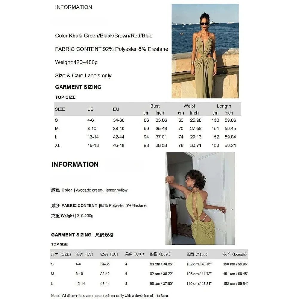 Sexy Deep V Metal Trim Spaghetti Strap Ruched Maxi Dress Cutout Crisscross Backless Slim Luxury Dresses Beach Vacation Evening