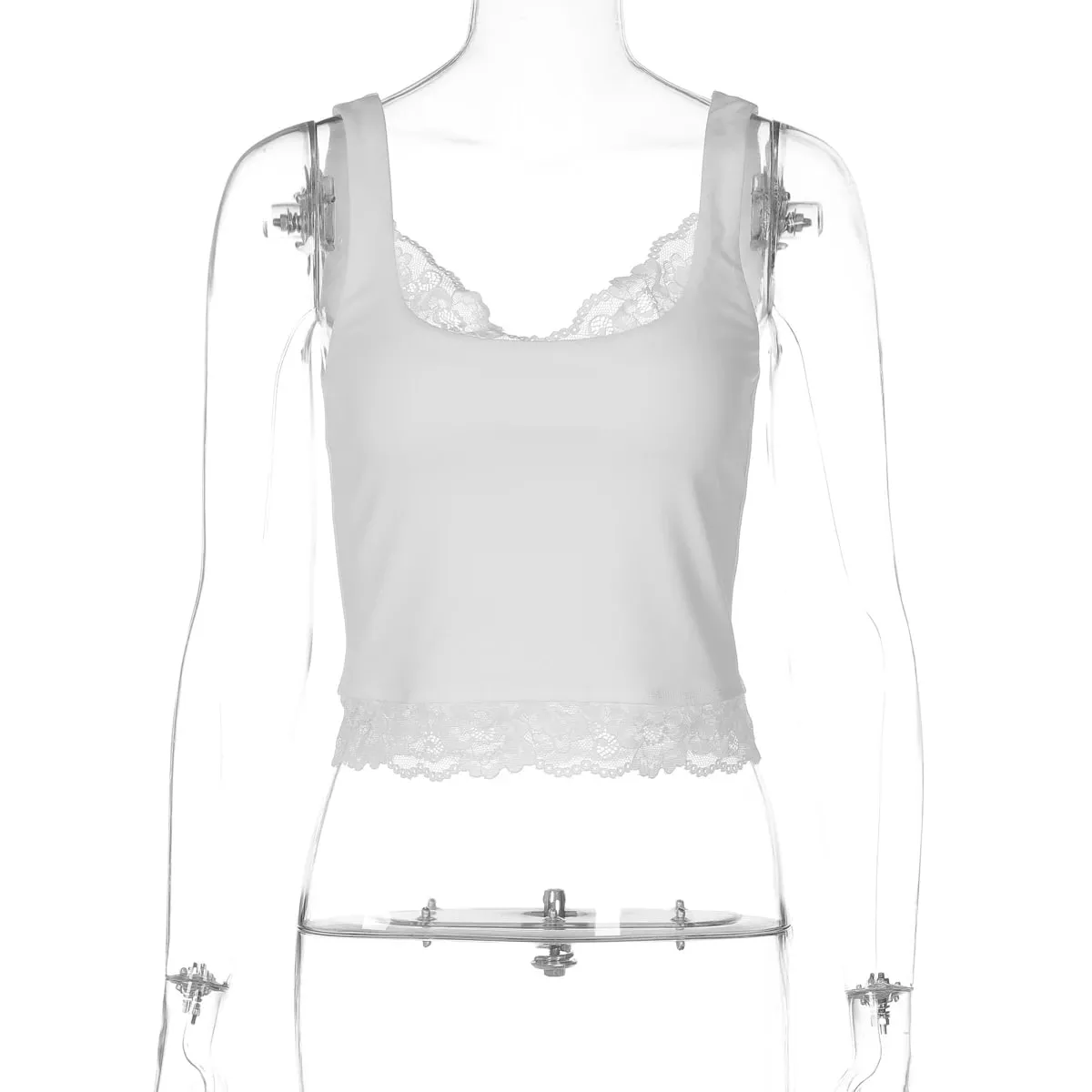 Hugcitar 2026 Fashion Square Neck Patchwork Lace Straps Sexy Crop Tank Top Spring Summer Women Clothes Holiday Streetwear Club — image 3