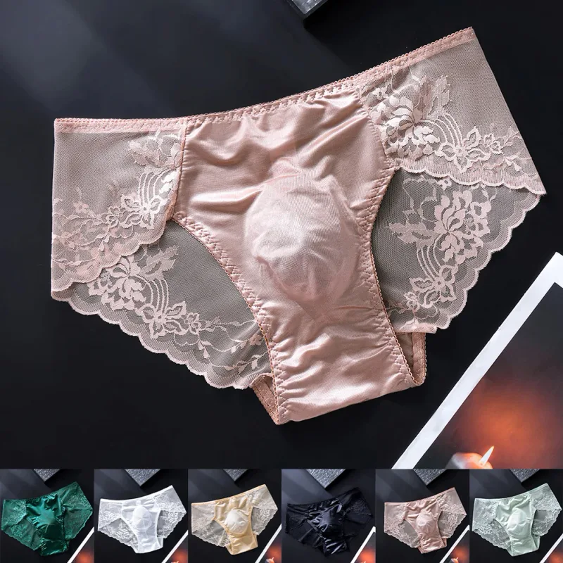 Pánské krajkové kalhotky bezešvé ledové hedvábné kalhotky spodní prádlo 3D vyboulený váček s nízkým pasem gay kalhotky — image 2