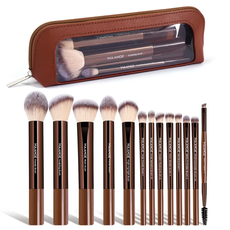13pcs Classic Makeup Brushes with Storage Bag Soft Foundation Powder Eyeshadow Kabuki Blending Makeup Tools Coffee Brown