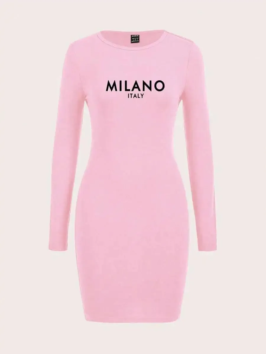 Womens Long Sleeve Bodycon Dress Casual Slogan Graphic Spring/Summer & Autumn/Winter Chic Style — image 5
