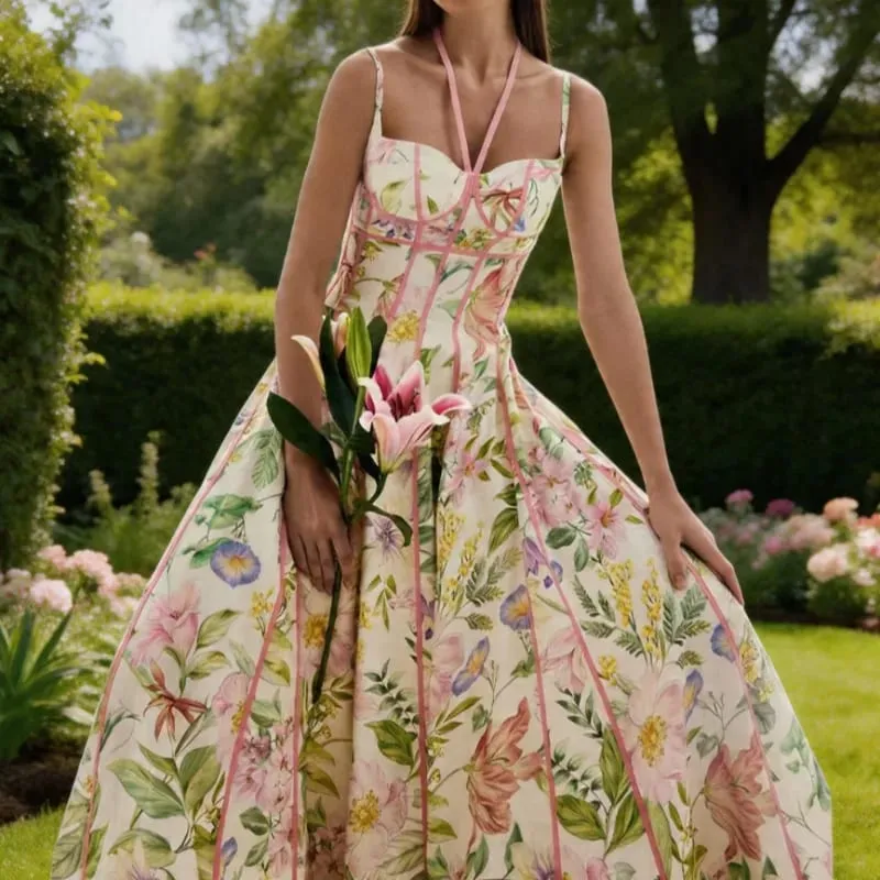 Women's Retro Floral Print Corset Maxi Dress Sexy Sleeveless Halter Neck Flowy Long Dress Lady Summer Vacation Dating Streetwear — image 4