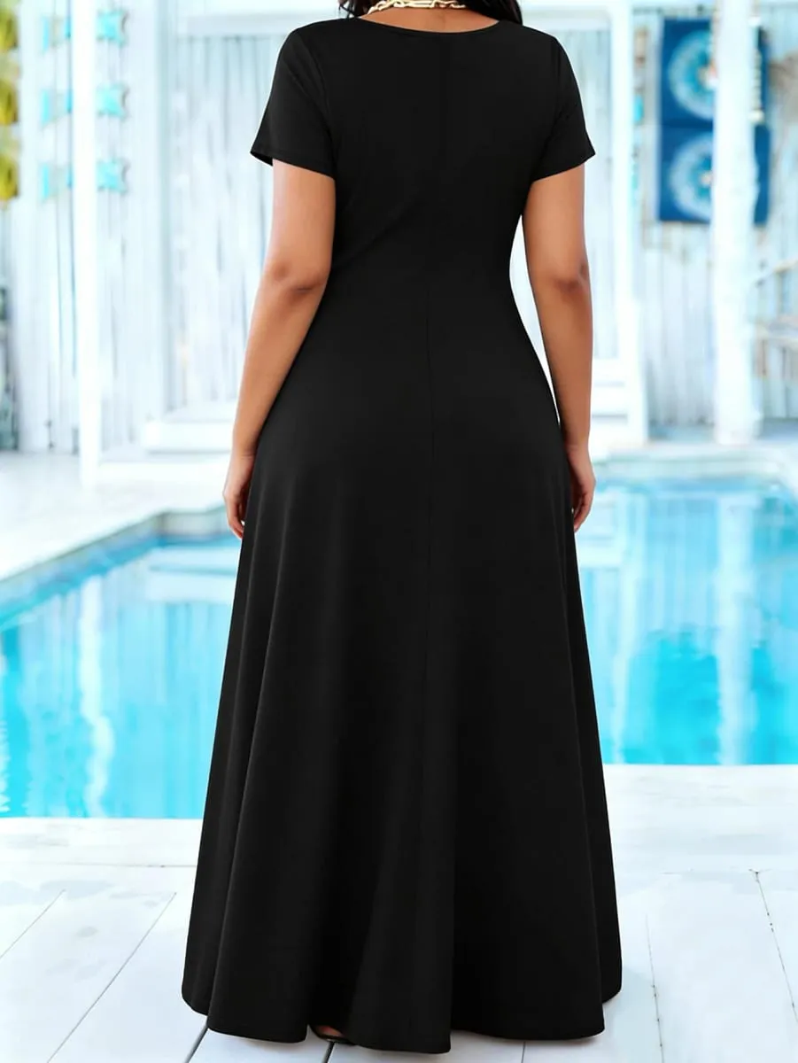 Plus Size Women's Solid Black Maxi Dress Summer Casual Short Sleeve Crew Neck A Line Flowy Long Dress With Pocket Beach dresses — image 4