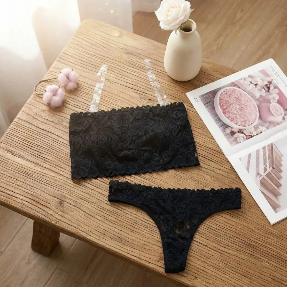 Lace Sheer Flower Thong Bra Set Invisible Straps Embroidery Floral Panties Bra Kit Transparent Lingerie Underwear for Women — image 4