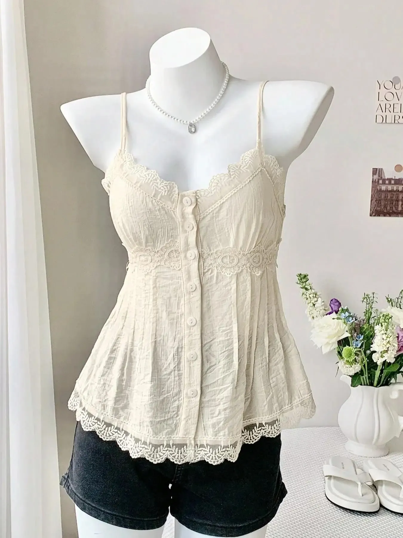Ladies Lace Trim Pleated Texture Halter Vest V-Neck Design Adjustable Thin Straps One Piece