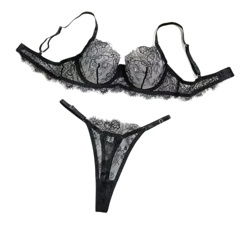 Sheer Lace Lingerie Set Women Floral Pattern Thin Straps Romantic Underwear
