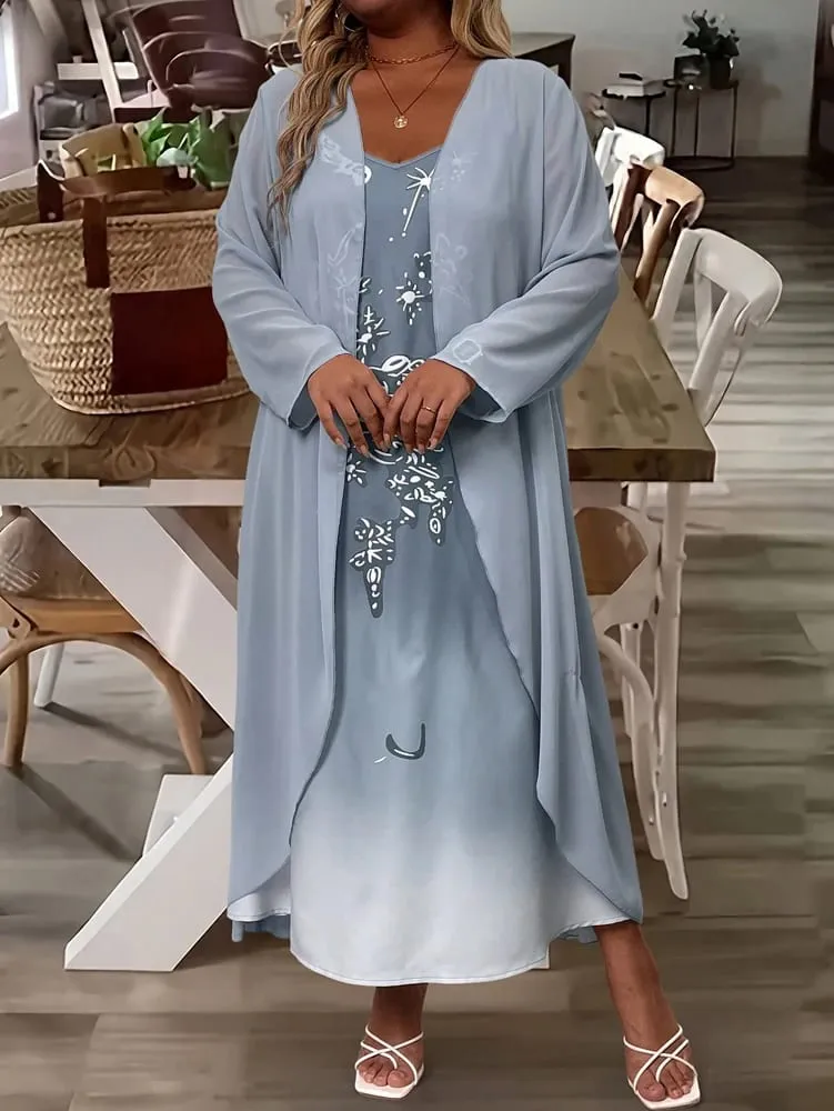 Plus-Size Women's Fashion: Spring/Fall Stylish and Elegant Lace and Chiffon Two-Piece Dress Set with V-Neck for a Sophisticated — image 6