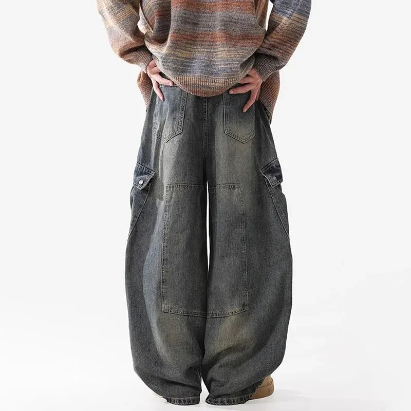 Retro Multi Pocket Curved Knife Jeans Autumn And Winter Vintage Wide Leg Workwear Pants Korean Version High Street Men'S Jeans — image 5