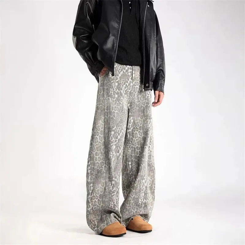 2026 New Vintage Distressed Leopard Printed Y2K Jeans Men's High Street Baggy Curved Denim Pants Hip Hop Fashion Punk Jean — image 3
