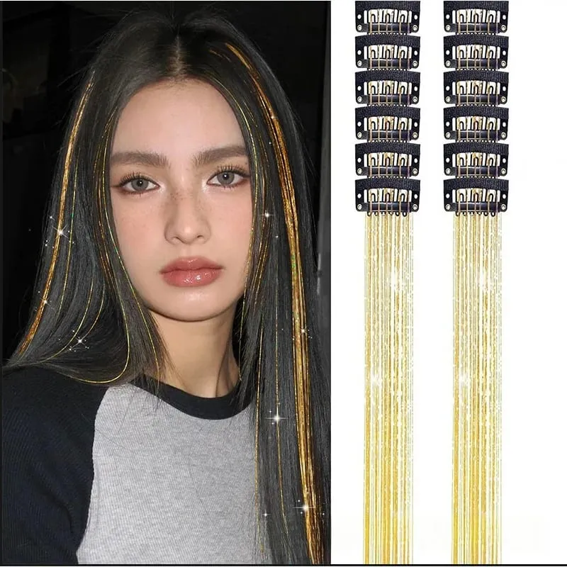 12pcs Per Pack of BB Hair Clips Shiny Metallic Hair Extensions with Clips Synthetic Hair Sparkling Hair Accessories for Women — image 9