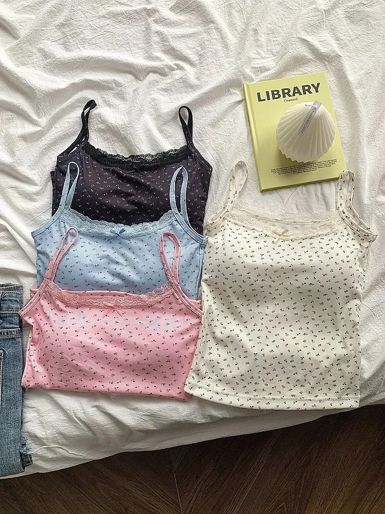 Elegant Lace Flower Print Slim Sexy Vest Floral Tops One Size Tank Spring Sweet Bowknot Style T-Shirt Casual Crop Top Summer — image 2
