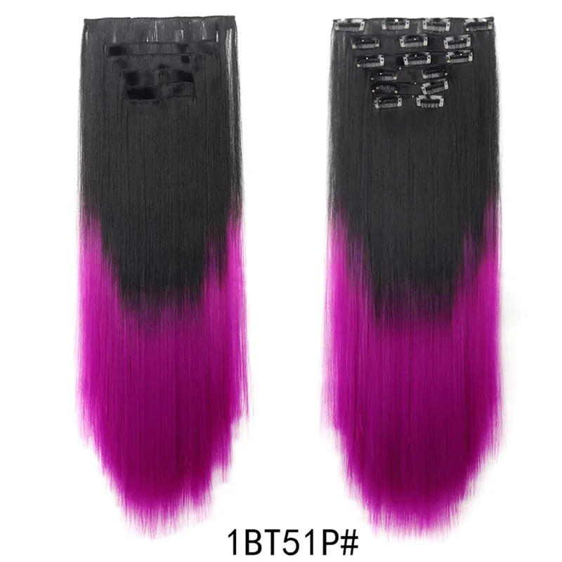 6PCS/Set Clip In Hair Extensions Long Straight Hair Full Head Ombre Gradient Color Synthetic Hairpiece For Women Daily Use