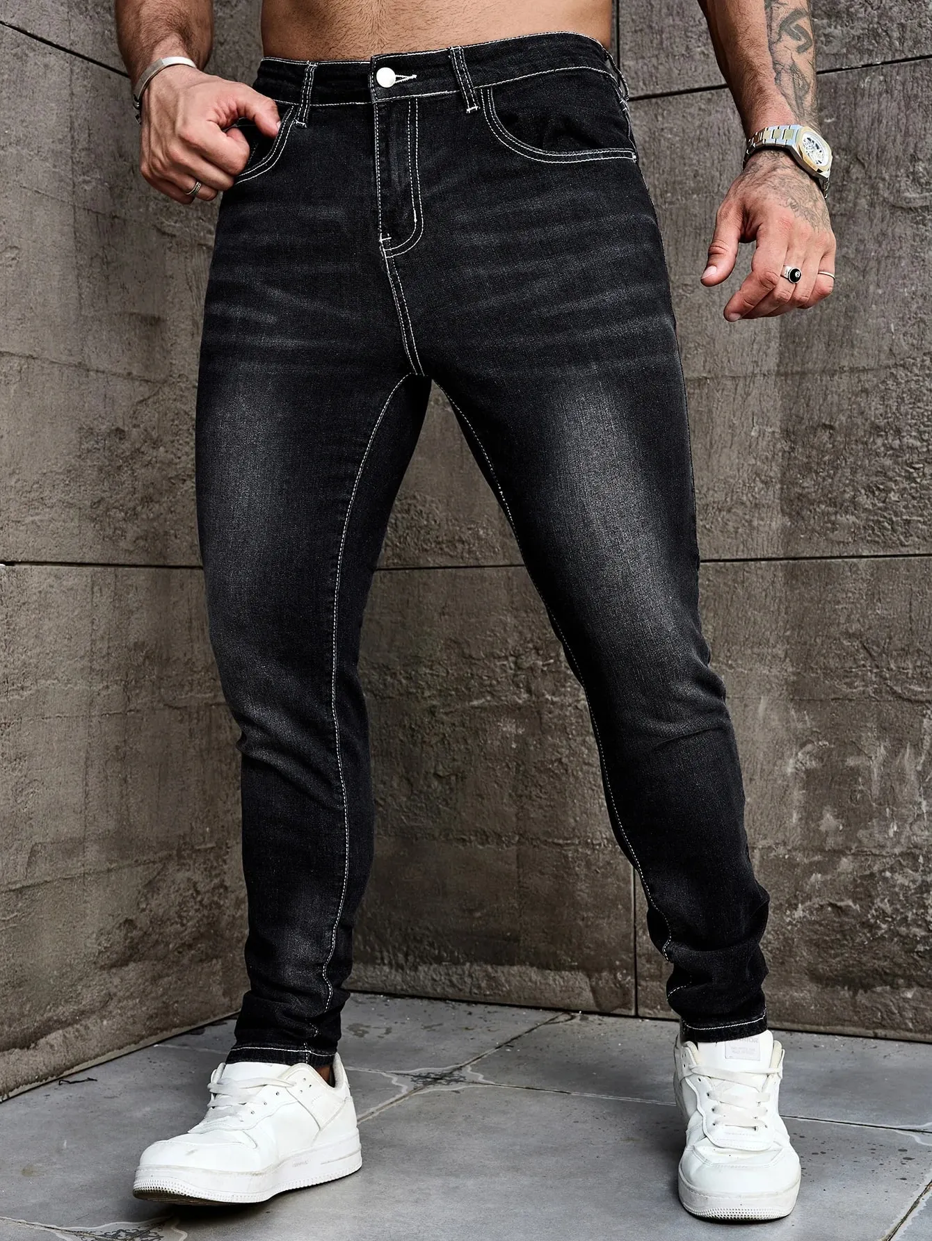 Men Jeans Denim Pants Clothing Trousers Men's Casual Black Washed Slim Fit Stretch Skinny Denim Pants — image 1