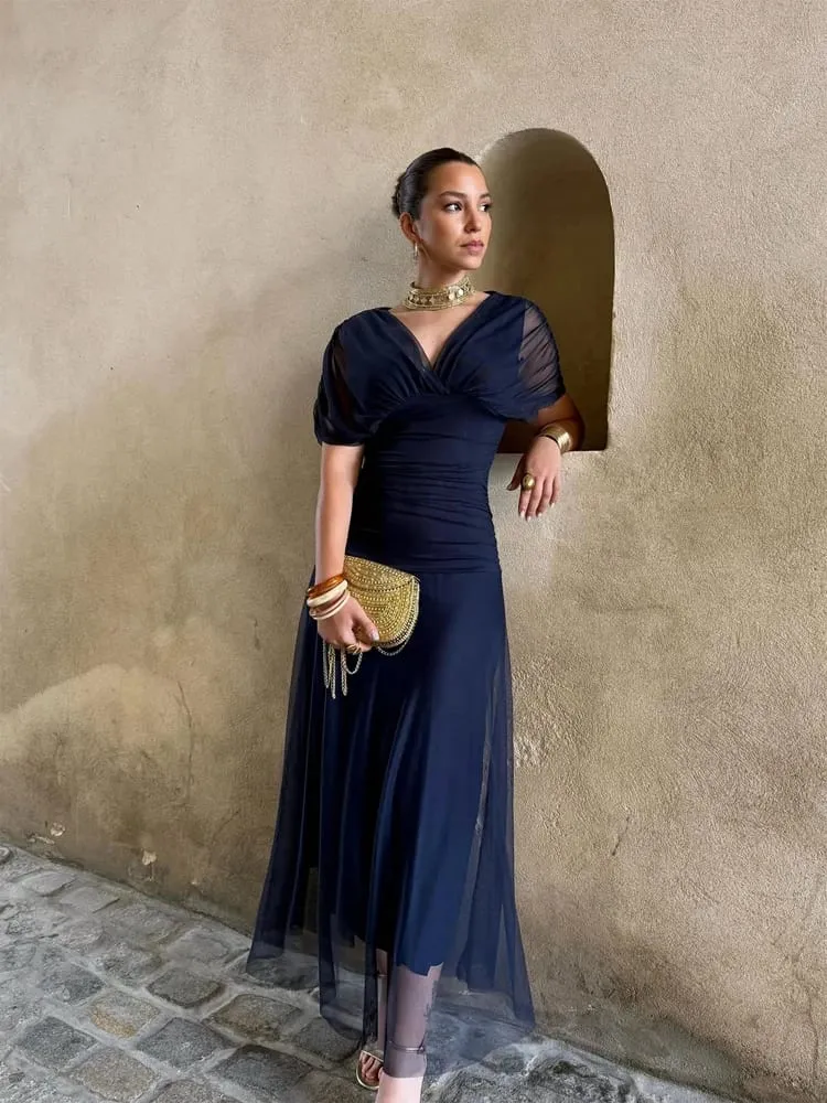 Women Solid Deep V-neck Mesh Long Dress Elegant Puff Short Sleeve Ruched Waist High Vestidos 2026 Summer Lady Casual Street Robe
