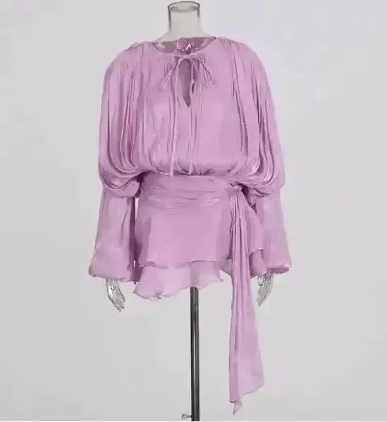 2026 Nieuwe Zomer Mode Vrouwen Kleding Ronde Hals Lantaarn Mouwen Satijnen Korte Jurk Met Shorts Onder Twee Delige Set — image 18