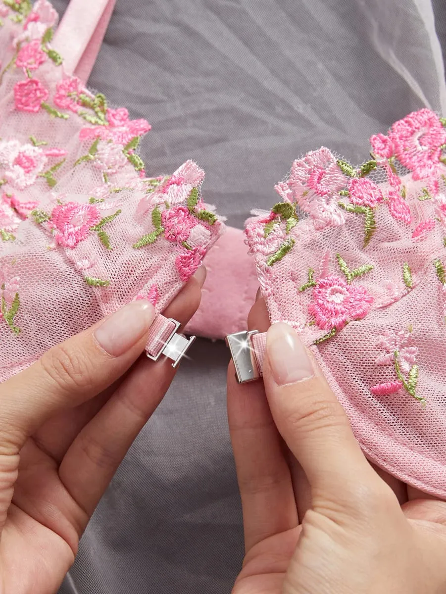 Pink Floral Embroidery Lingerie Set 2PCS Underwired Semi-Sheer Front Closure Back Double Hooks Sexy Underwear for Romantic Occas — image 5