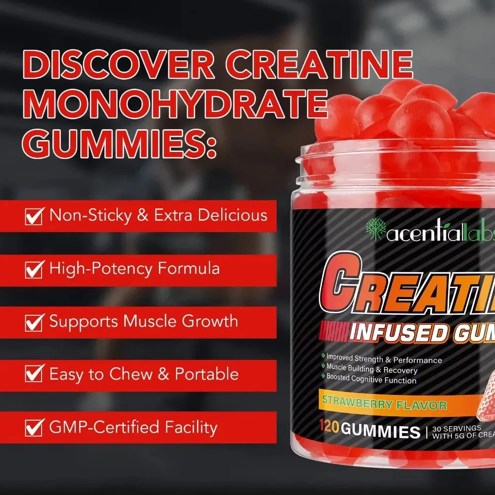 Creatine Monohydrate Gummies 5000mg for Muscle Strength Recovery & Pre-Workout Energy Boost Sugar-Free Vegan Strawberry 120 Ct — image 7