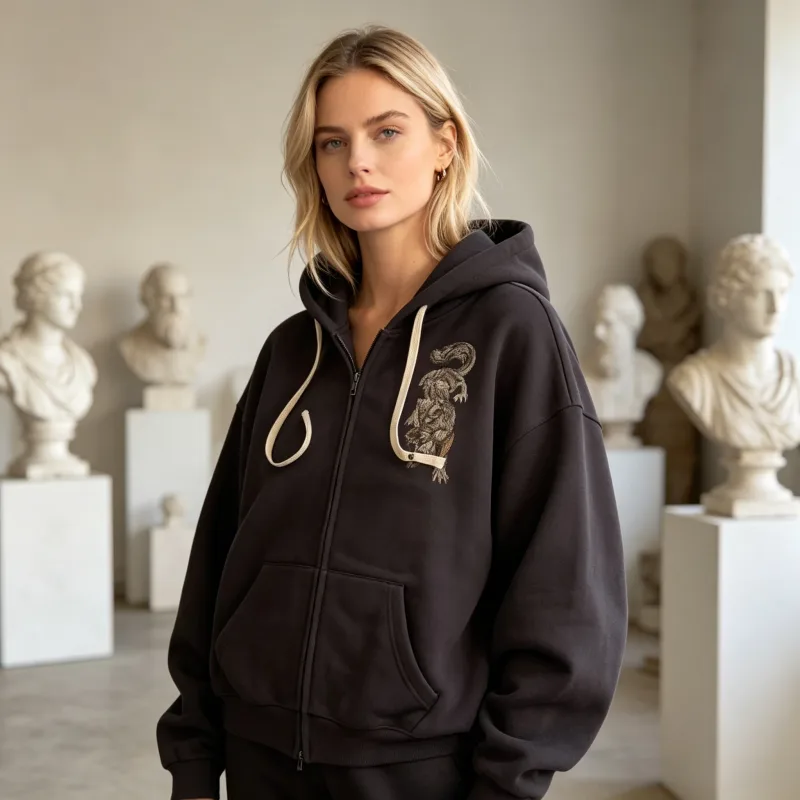 Y2K Grey Wolf Embroidered Hoodie Fashion Hip Hop Unisex Double Zipper Sweatshirts Oversized Vintage Harajuku Dark Street Jacket — image 4