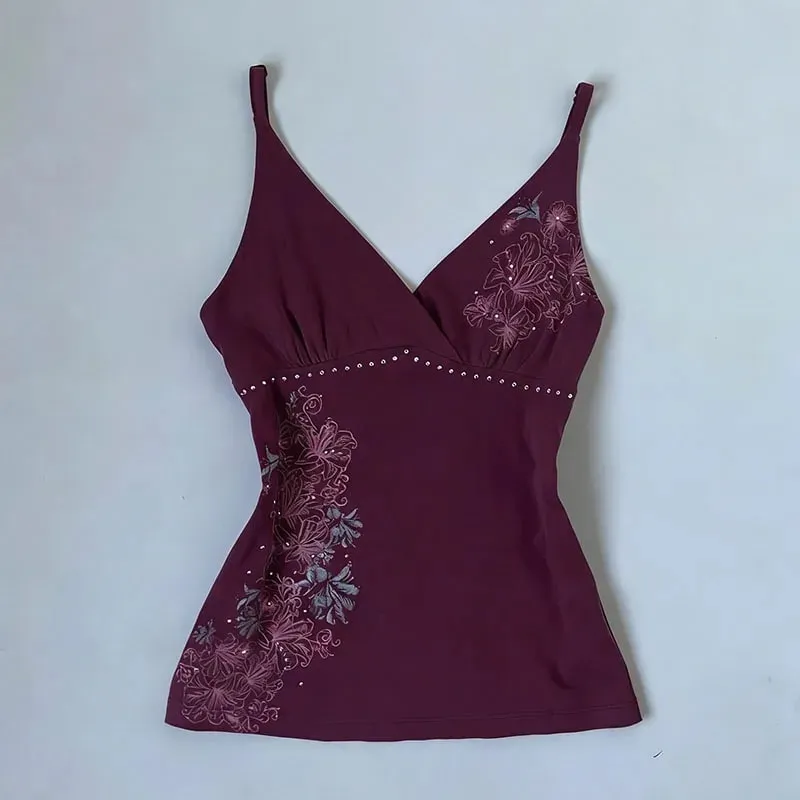 Aesthetic Flower Print Rhinestone Decorative Slim Camisole Summer V Neck Backless Fashion Street Vintage Harajuku Sleeveless Top