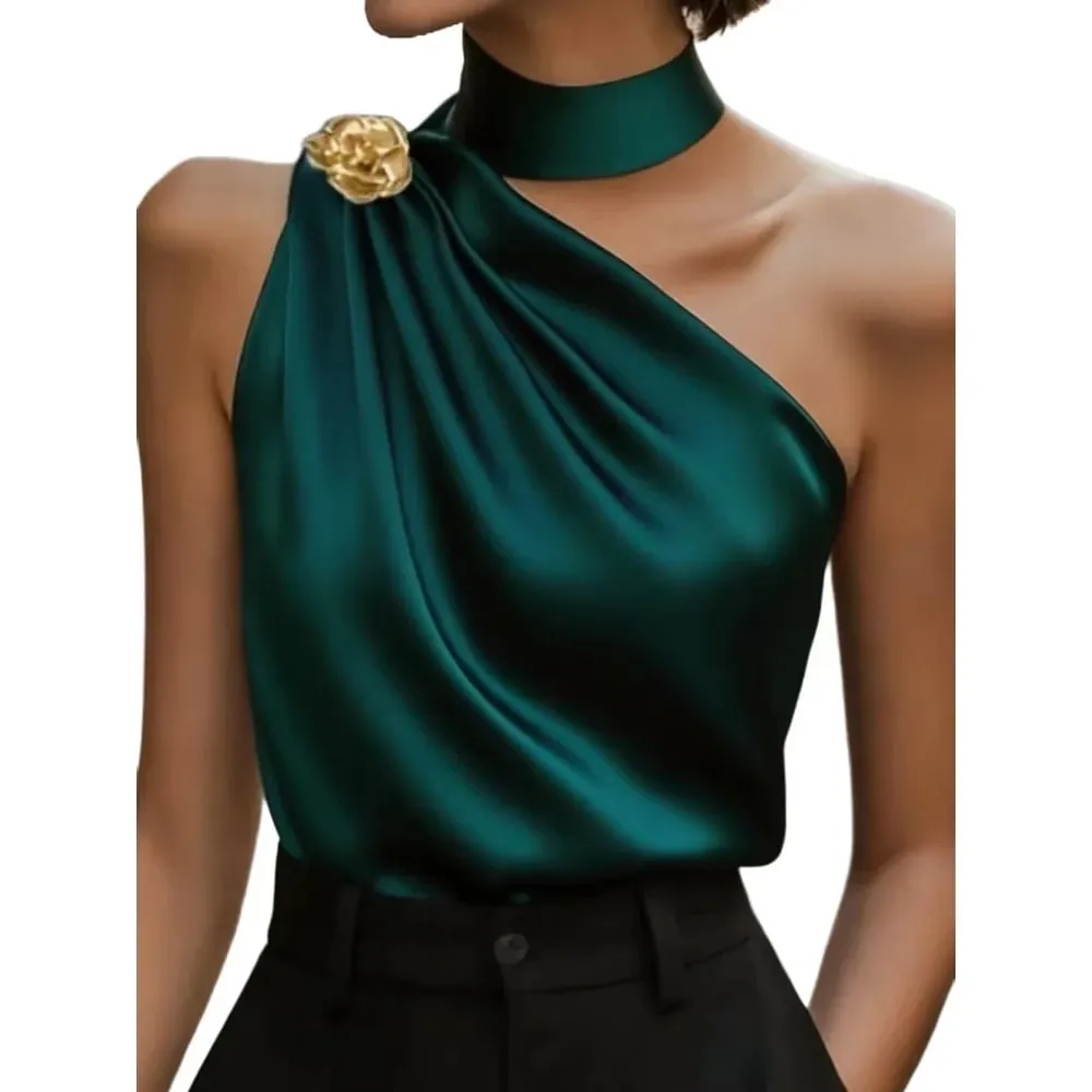 Chic Halter One Shoulder Satin Draped Dark Green Blouse Sleeveless Top For Party & Office Women