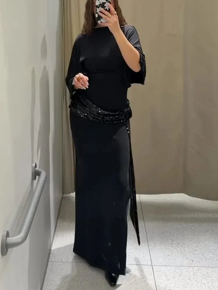 Sequin Patchwork Backless Dress Women Elegant Solid Middle Sleeve Cinched-waist Slim Long Dresses Fashion Evening Party Vestidos — image 1