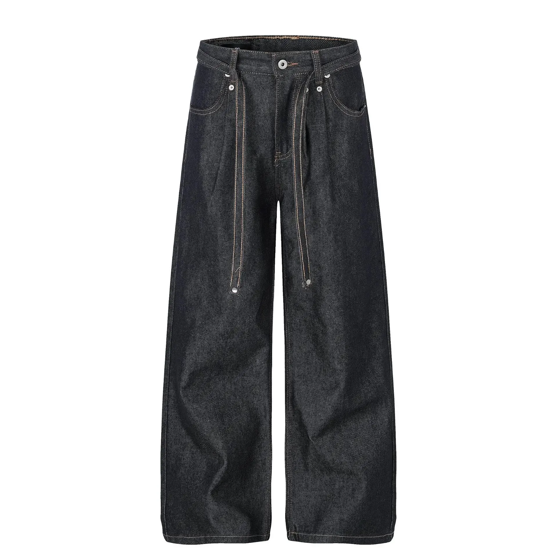 American-style Distressed Washed Jeans Visible Stitching Belt Unisex Loose-fitting Wide-leg Straight-leg Denim Pants 9X3768