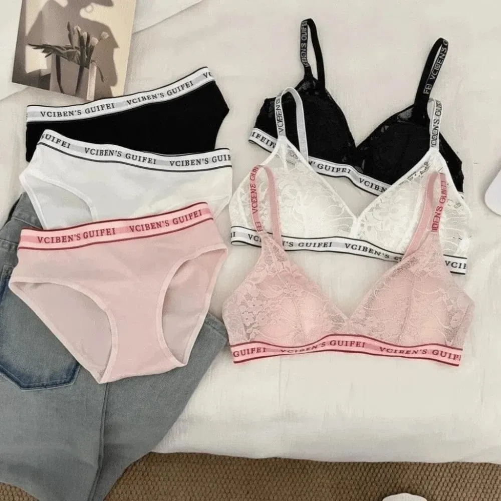 Comfortable Letter Design Lingerie Set Deep V Wireless Women Underwear Suit Color Blocking Lace Bra Panties Set Gift — image 3