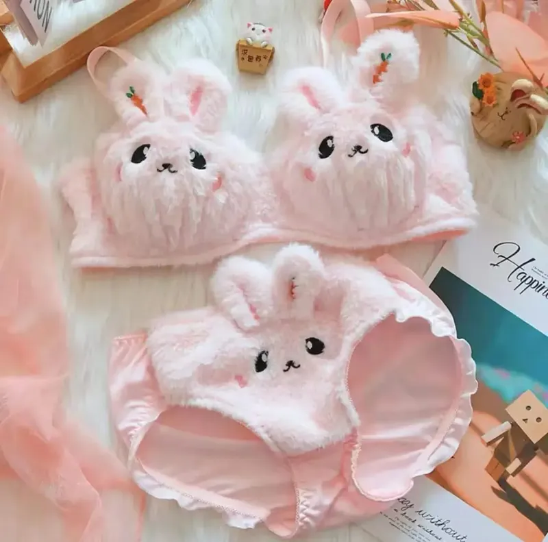 Cute Cat Paw Plush Lingerie Set for Women Warm Winter Bra & Panty with Ears Comfortable Kawaii Underwear — image 18