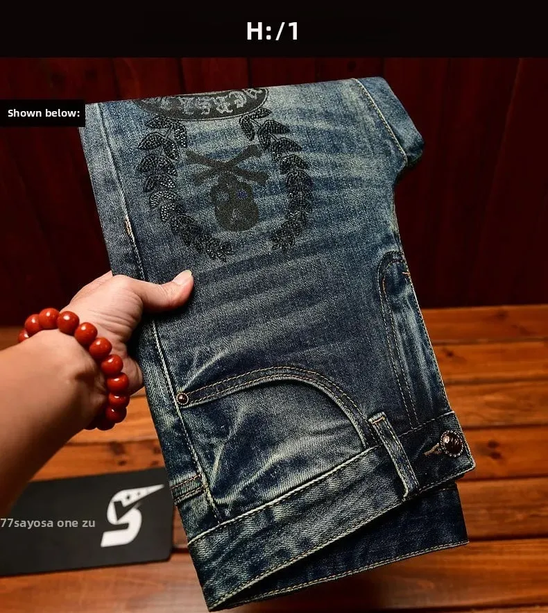 High end jeans men with ripped holes street fashion prints small feet elastic retro and handsome pants — image 9